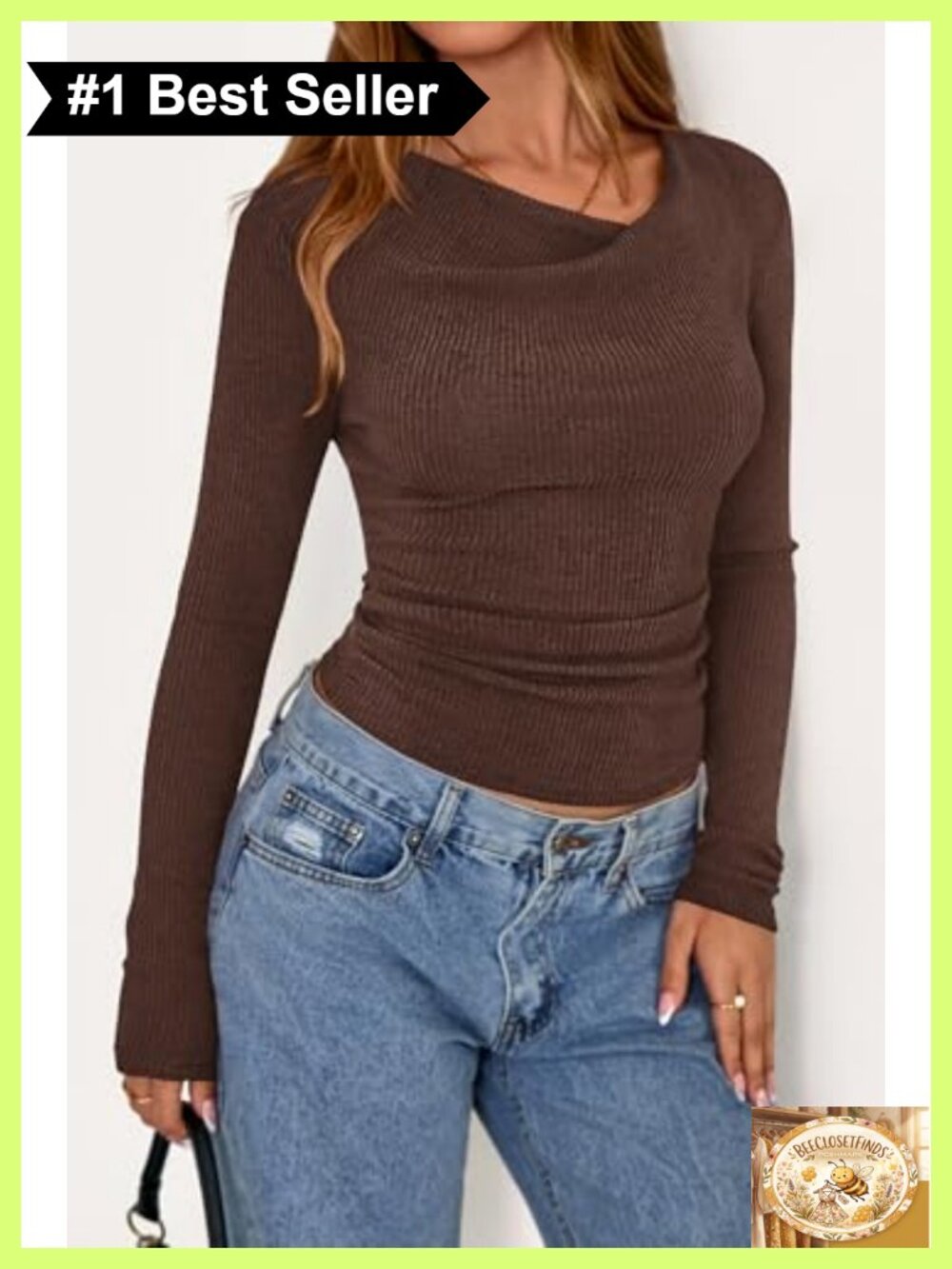 Cowl Neck Ruched Ribbed Knit Long Sleeve Crop Top - Picture 3 of 6